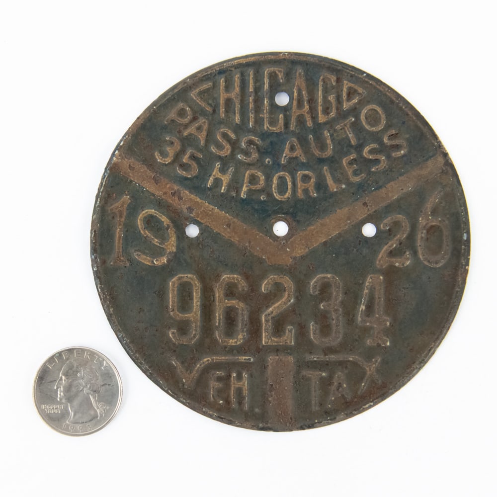 Chicago Illinois 1926 Vehicle Tax Tag: # 96234 in good original condition with paint fade and light surface rust. See pics. From the Jim Dvorak collection.