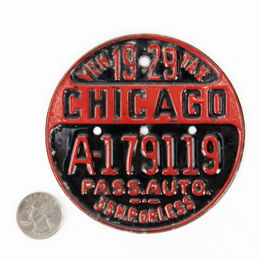 Chicago Illinois 1929 Vehicle Tax Tag: # A-179119 in VG condition. See pics. From the Jim Dvorak collection.