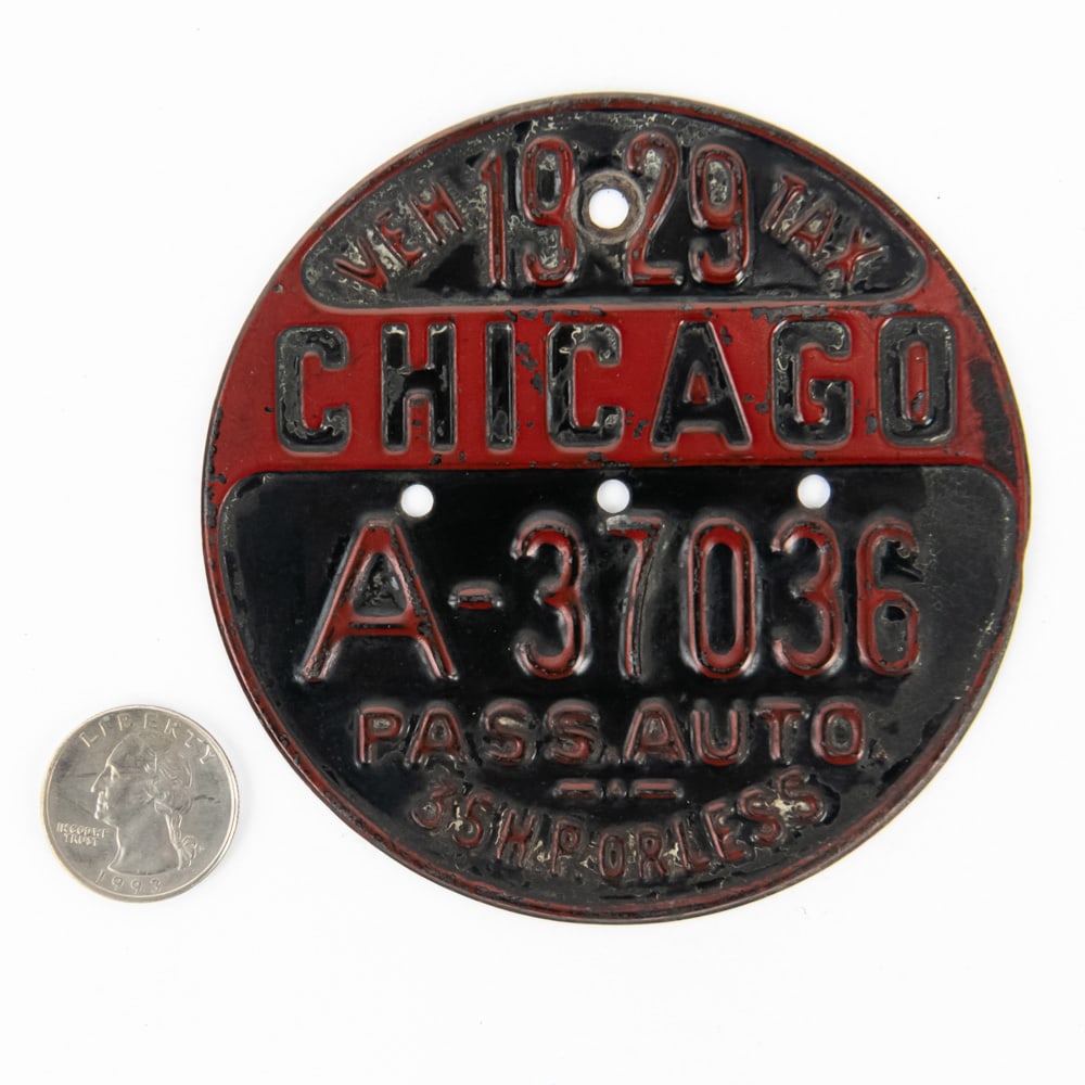Chicago Illinois 1929 Vehicle Tax Tag: -37036 in VG original condition. See pics. From the Jim Dvorak collection.