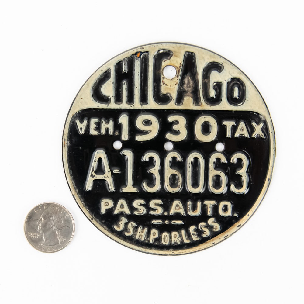 Chicago Illinois 1930 Vehicle Tax Tag: # A-136063 in good+ original condition with an enlarged top hole. See pics. From the Jim Dvorak collection.