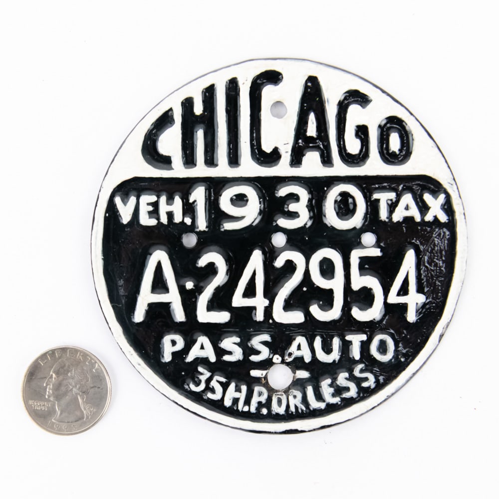 Chicago Illinois 1930 Vehicle Tax Tag: # A-242954 repaint in VG condition. See pics. From the Jim Dvorak collection.