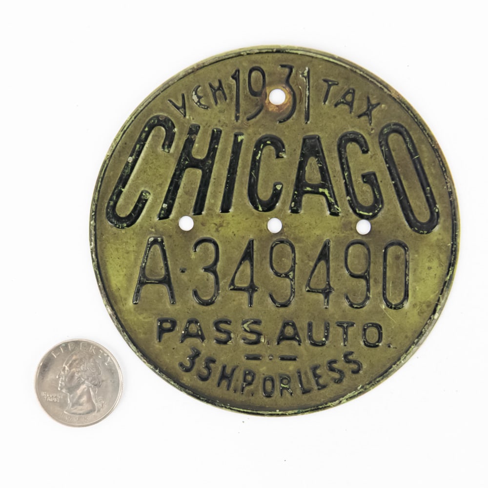 Chicago Illinois 1931 Vehicle Tax Tag: -349490 in VG original condition. See pics. From the Jim Dvorak collection.