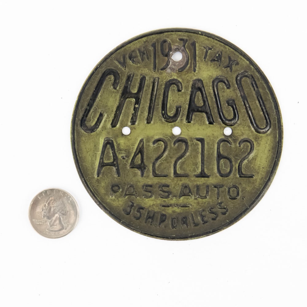 Chicago Illinois 1931 Vehicle Tax Tag: #A-422162 in good+ original condition with an enlarged top hole. See pics. From the Jim Dvorak collection.