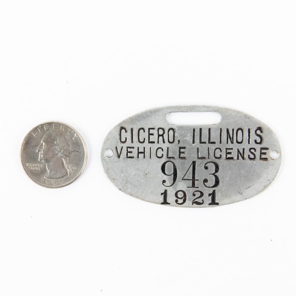 Cicero Illinois 1921 Vehicle Tax Tag: # 943 oval aluminum tag in VG original condition. Measure 2.5" wide, 1.5" tall. See pics. From the Jim Dvorak collection.