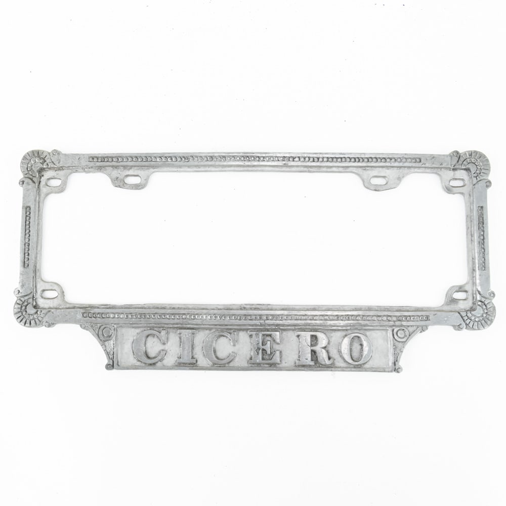 Cicero Illinois 1920's License Plate Frame: A really cool casrt aluminum license plate frame for Cicero Illinois. Fits the 13.75" wide X 4.5" tall plates only. In VG original condition. See pics. From the Jim Dvorak collection.