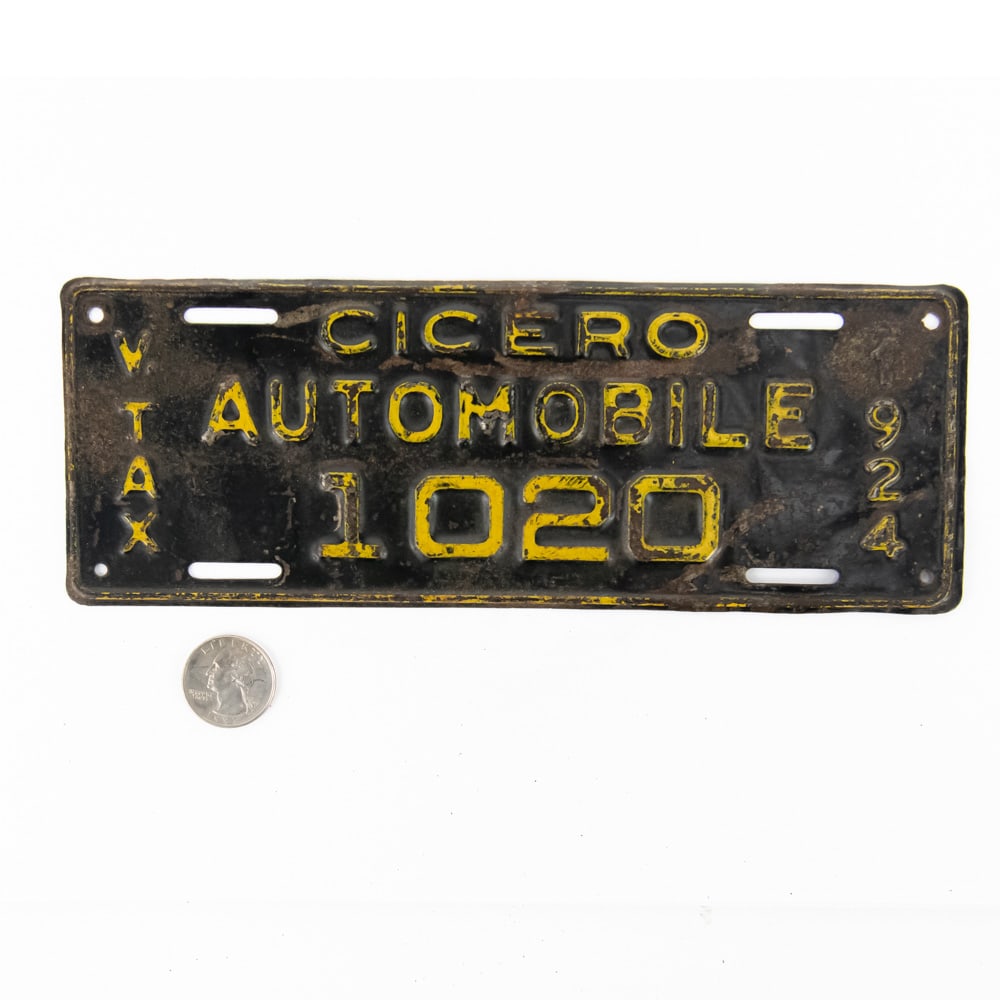 Cicero Illinois 1924 Vehicle Tax Tag: #1020 in good original condition with some paint loss and light rust. See pics. From the Jim Dvorak collection.