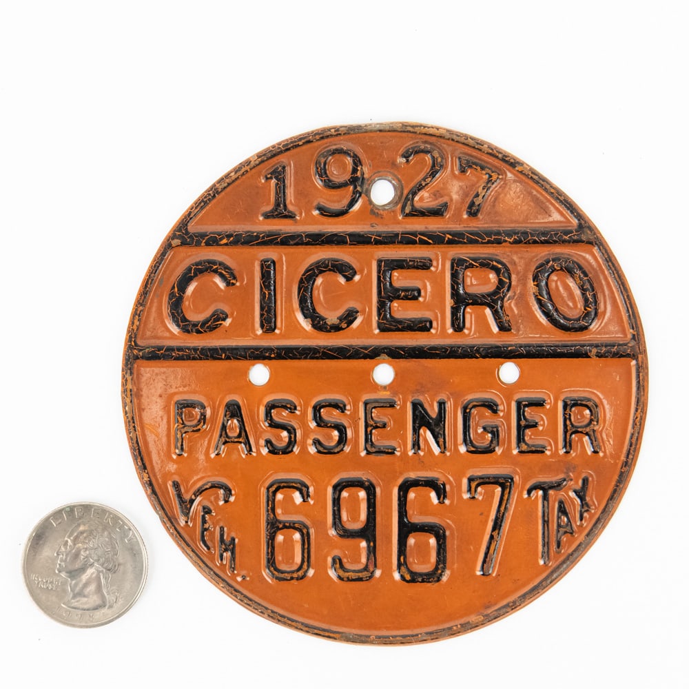 Cicero Illinois 1927 Vehicle Tax Tag: #6967 in VG original condition. See pics. From the Jim Dvorak collection.