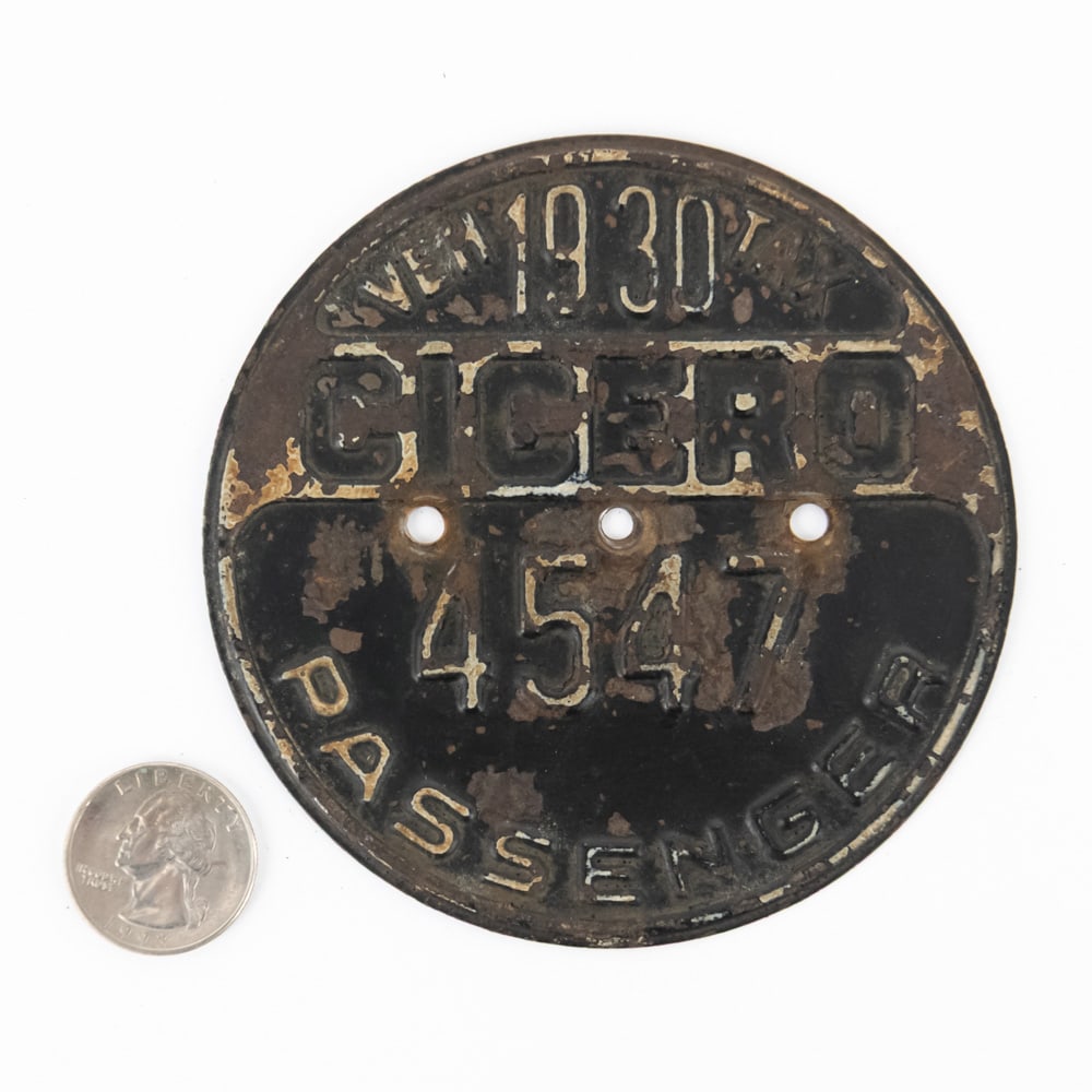 Cicero Illinois 1930 Vehicle Tax Tag: #4547 in fair condition with paint loss and a little light surface rust. See pics. From the Jim Dvorak collection.