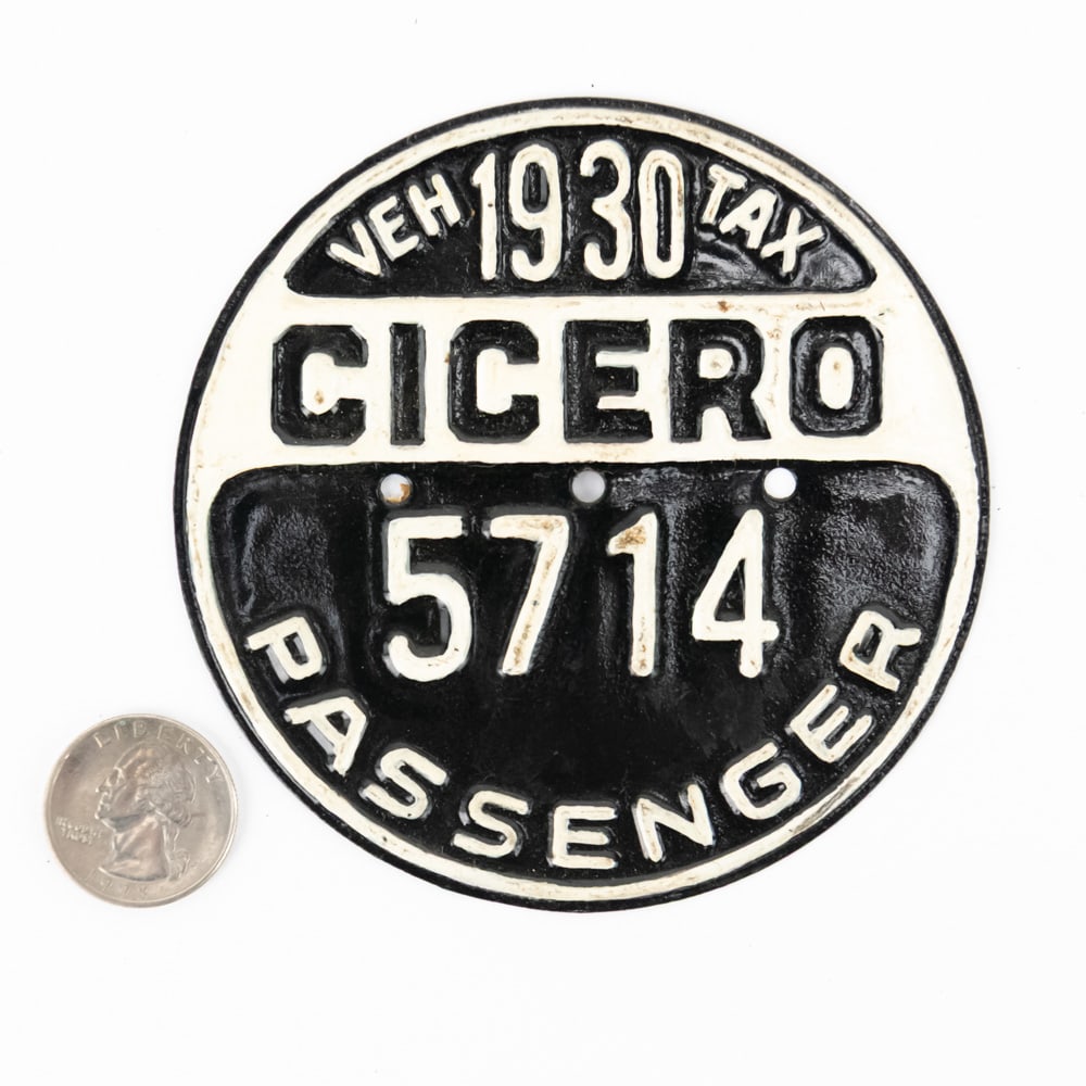 Cicero Illinois 1930 Vehicle Tax Tag: #5714 in VG original condition. See pics. From the Jim Dvorak collection.
