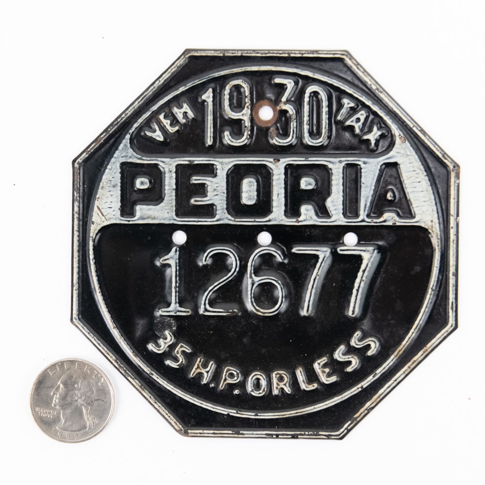Peoria Illinois 1930 Vehicle Tax Tag: #12677 in VG original condition. See pics. From the Jim Dvorak collection.