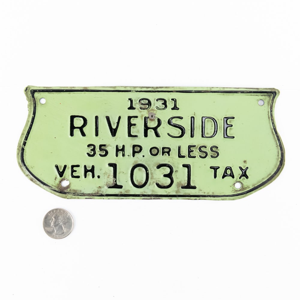 Riverside Illinois 1931 Vehicle Tax Tag: # 1031 in good original condition with enlarged bottom mounting holes and a small nail hole in the middle R. See pics. From the Jim Dvorak collection.
