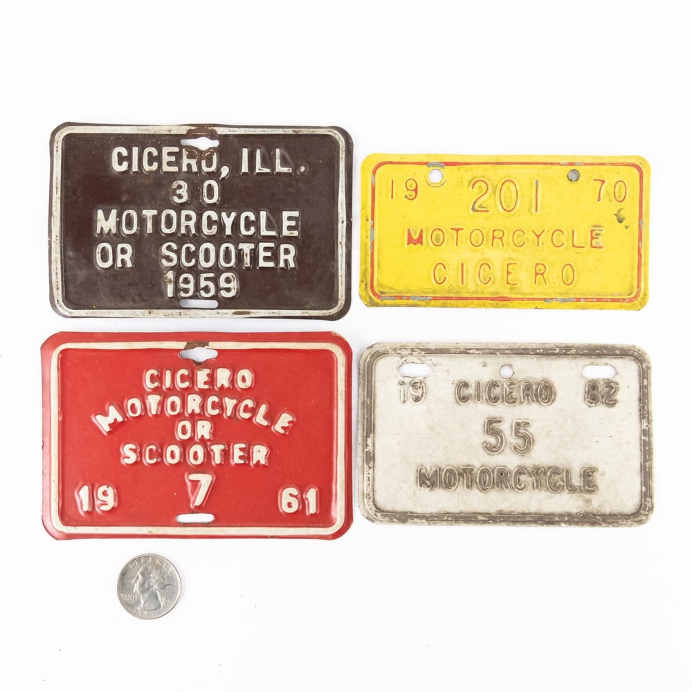 Cicero Motorcycle Tax Tags - 4: Lot includes 1959 # 30, 1961 # 7, 1970 # 201, and 1982 #55 all in good+ original condition. See pics. From the Jim Dvorak collection.