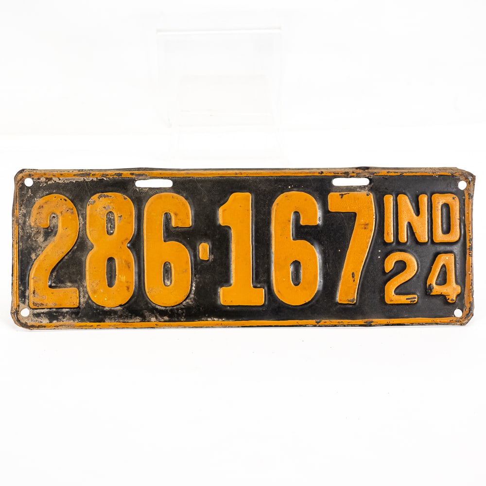 Indiana 1924 License Plate: # 286-167 in good original condition with 80% paint. See pics