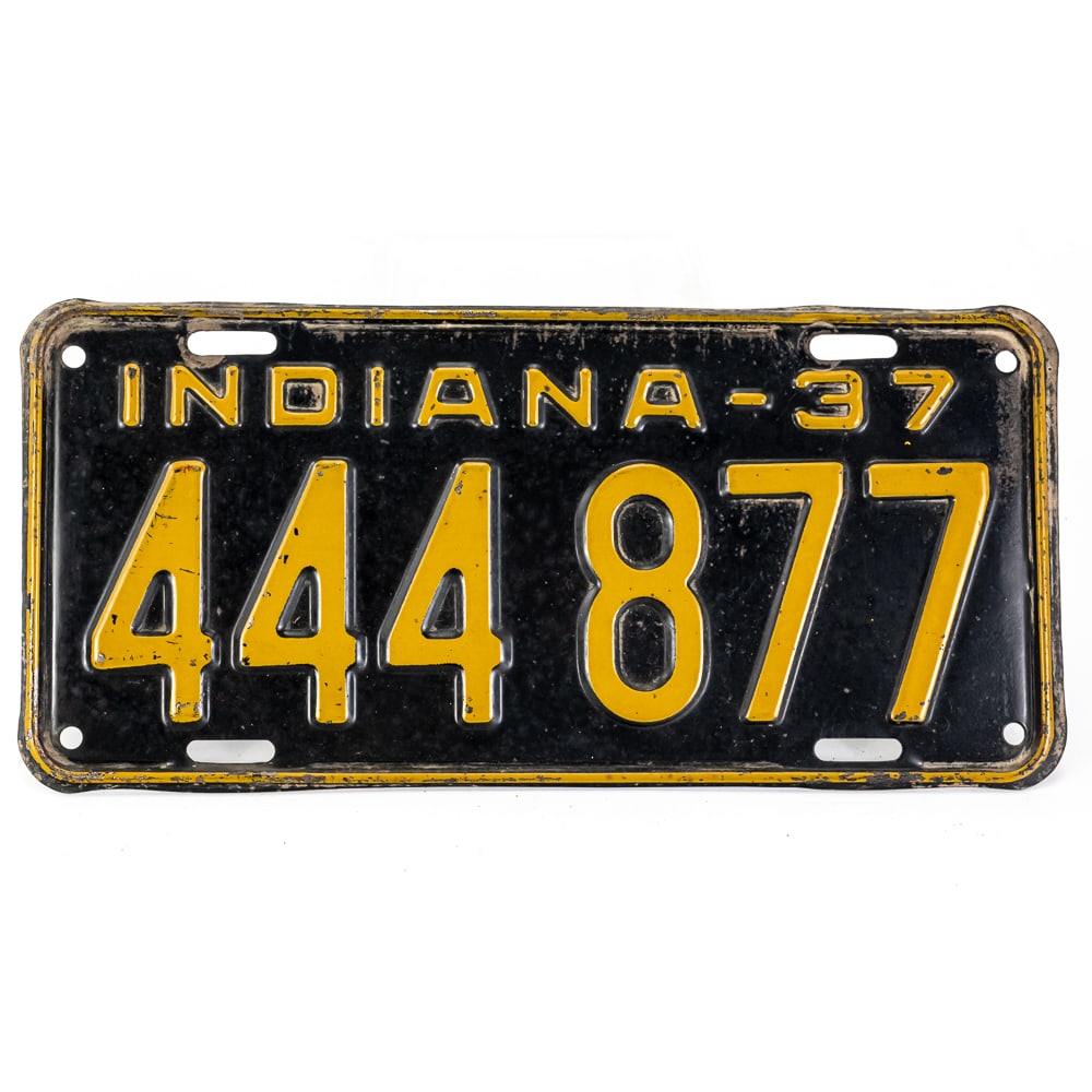 Indiana 1937 License Plate: #444 877 in good+ to VG original condition. See pics.