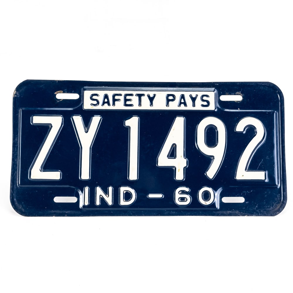 Indiana 1960 License Plate: # ZY 1492 in VG original condition. See pics.