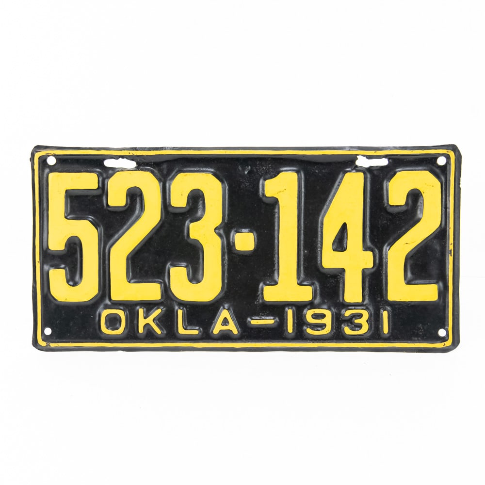 Oklahoma 1931 License Plate: # 523-142 repaint in good condition. See pics. From the Jim Dvorak collection.