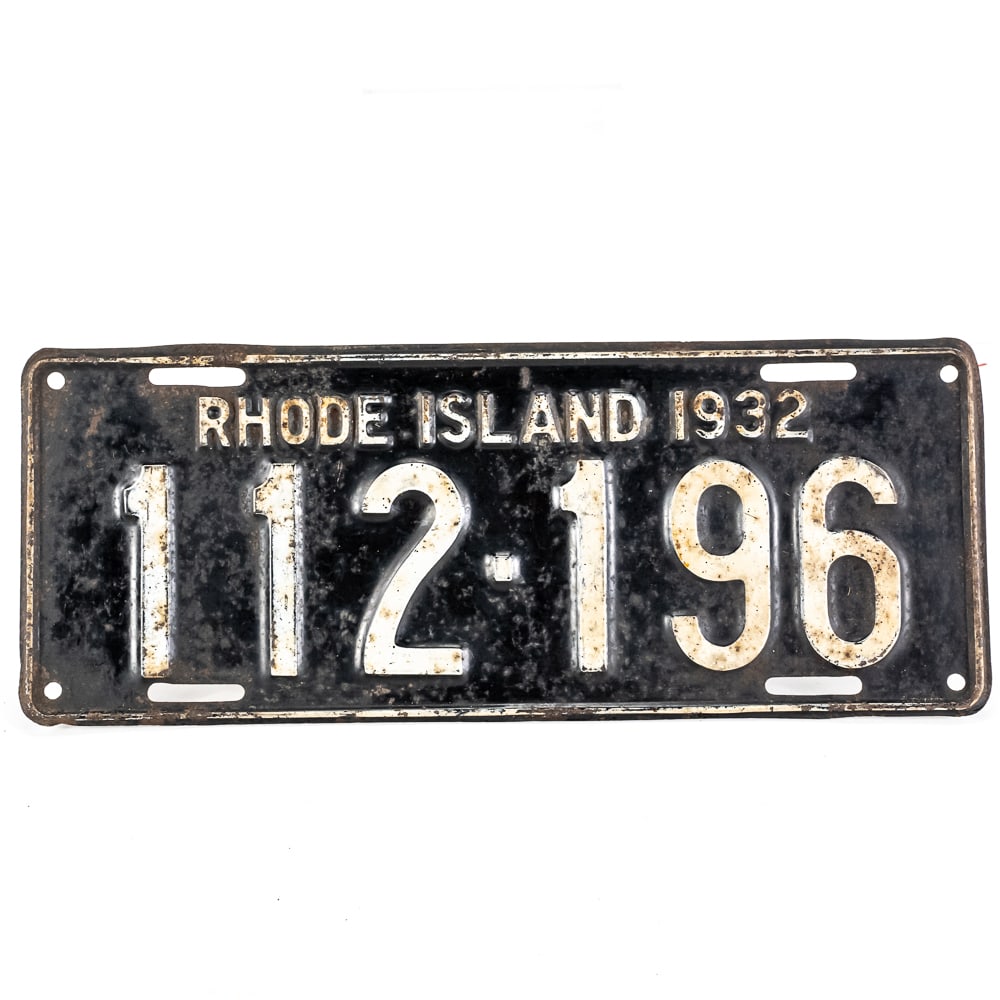 Rhode Island 1932 License Plate: # 112-196 in good original condition with paint fade and light rust spotting. See pics. From the Jim Dvorak collection.