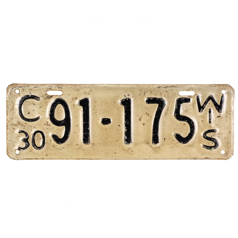 Wisconsin 1930 Commercial License Plate: # c 91-175 light truck / commercial plate in good+ to VG original condition. See pics. From the Jim Dvorak collection.