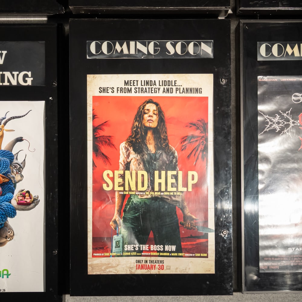 Coming Soon Movie Poster Case: Back lit Coming Soon one sheet movie poster case in good condition. Has lock and key. Overall measures 31" wide, 53.25" tall, 7" deep. Please use photos to judge condition and bid accordingly.