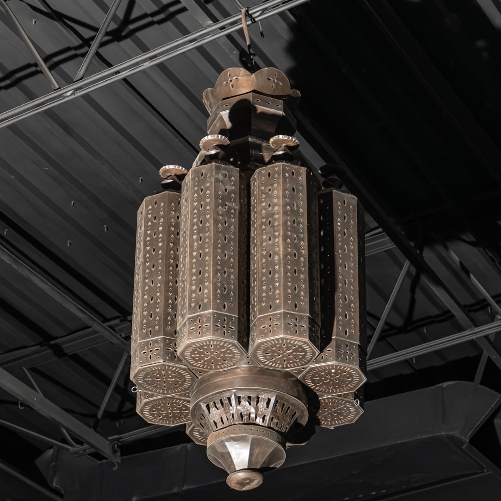 Large Moorish Style Hanging Light Fixture: Large Moorish style hanging light fixture made of pierced metal. In good condition. Measures approx 48" tall x 24" diameter. Please use photos to judge condition and bid accordingly. Please note: