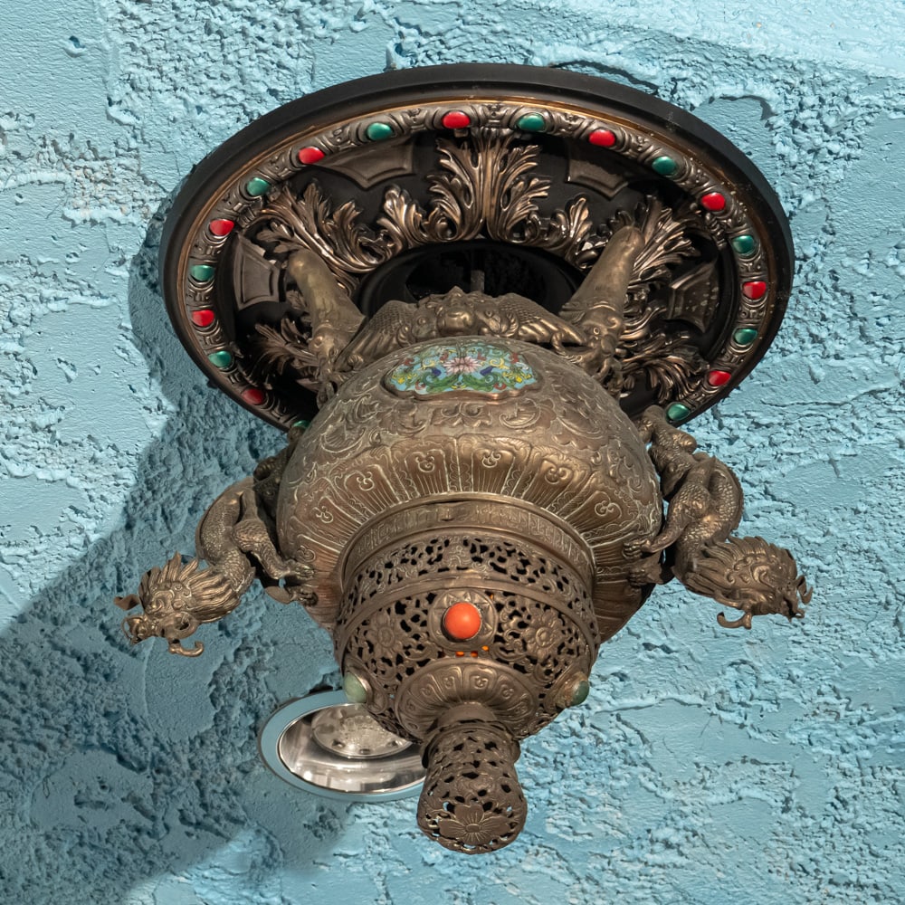 Moorish Style Ceiling Light Fixture: Moorish style pierced brass ceiling mount light fixture in good condition. See pics. Measures 22" drop, 18" diameter. Please use photos to judge condition and bid accordingly. Please note: Buyer is