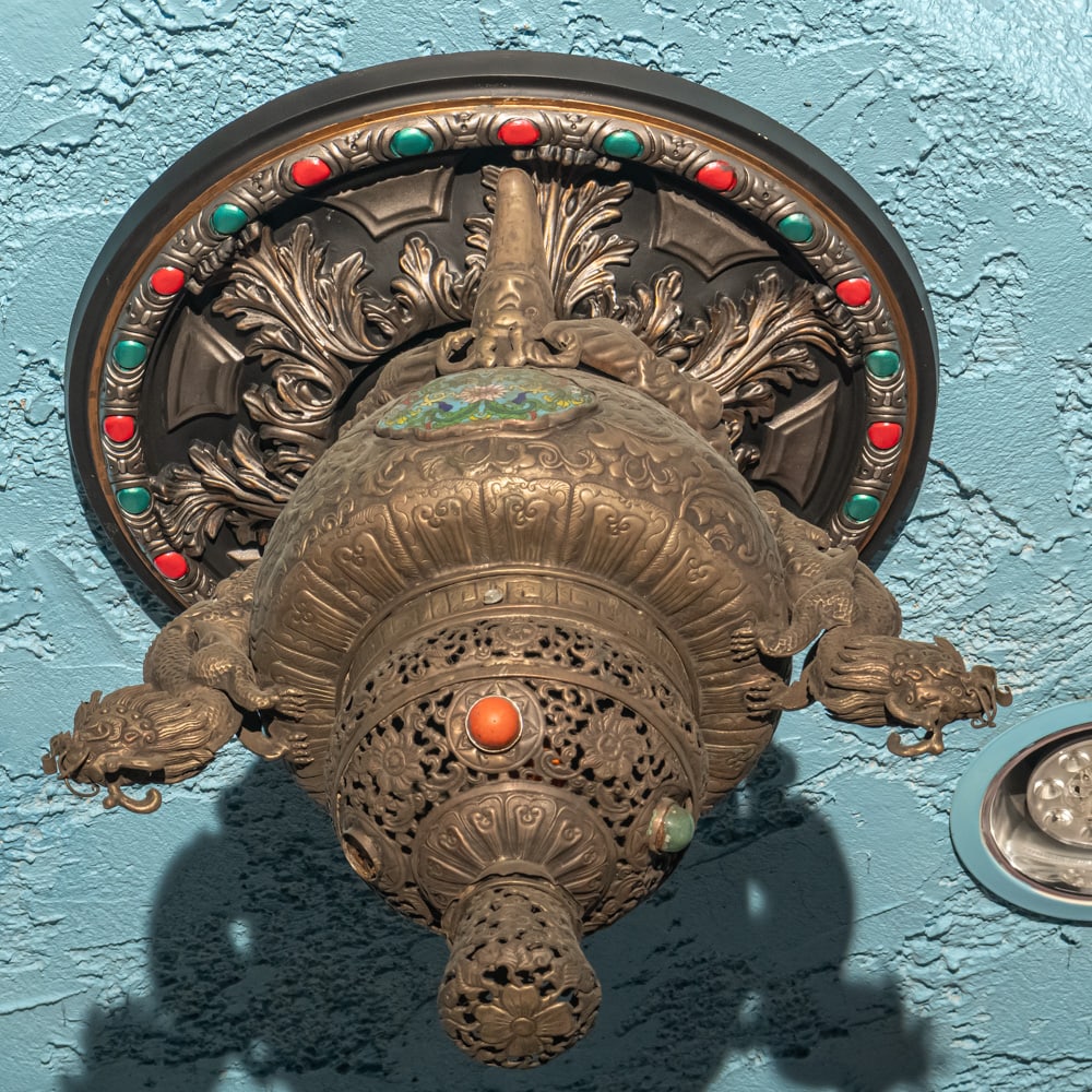 Moorish Style Ceiling Light Fixture: Moorish style pierced brass ceiling mount light fixture in good condition. Measures 22" drop, 18" diameter. Please use photos to judge condition and bid accordingly. Please note: Buyer is responsible