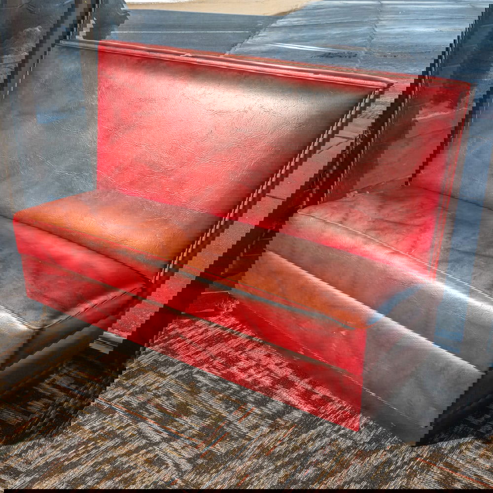 Vintage Restaurant Booth Bench: Classic mid-century style commercial restaurant booth, featuring a robust high-back design upholstered in a marbled or "cracked ice" patterned burgundy leatherette. This style was a staple of