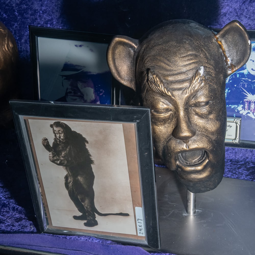 Bert Lahr Life Mask for The Wizard of Oz: "Courage!" Life mask of Bert Lahr as the Cowardly Lion from the 1939 movie, The Wizard of Oz. In good condition. Comes with an 8 X 10 framed photo of Lahr in character. Life masks are created for