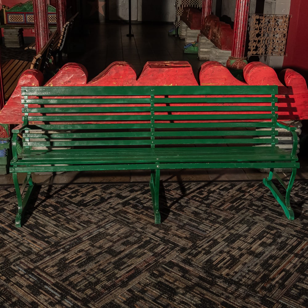 Green Park Bench: Cast metal frame with wood slats painted green. In good condition. Measures 71" wide, 29.5" tall, 24.5" deep. Please use photos to judge condition and bid accordingly. Please note: Buyer is responsibl