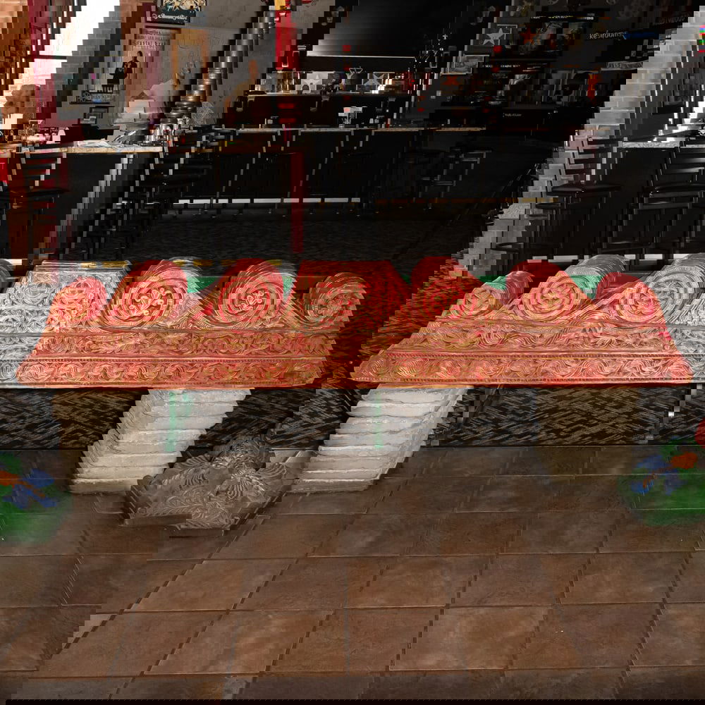 Hand-Carved Ornate Architectural Beam: A magnificent example of monumental hand-carved woodwork, likely serving as a structural or decorative header from a grand estate or themed commercial interior. The piece features a striking series of