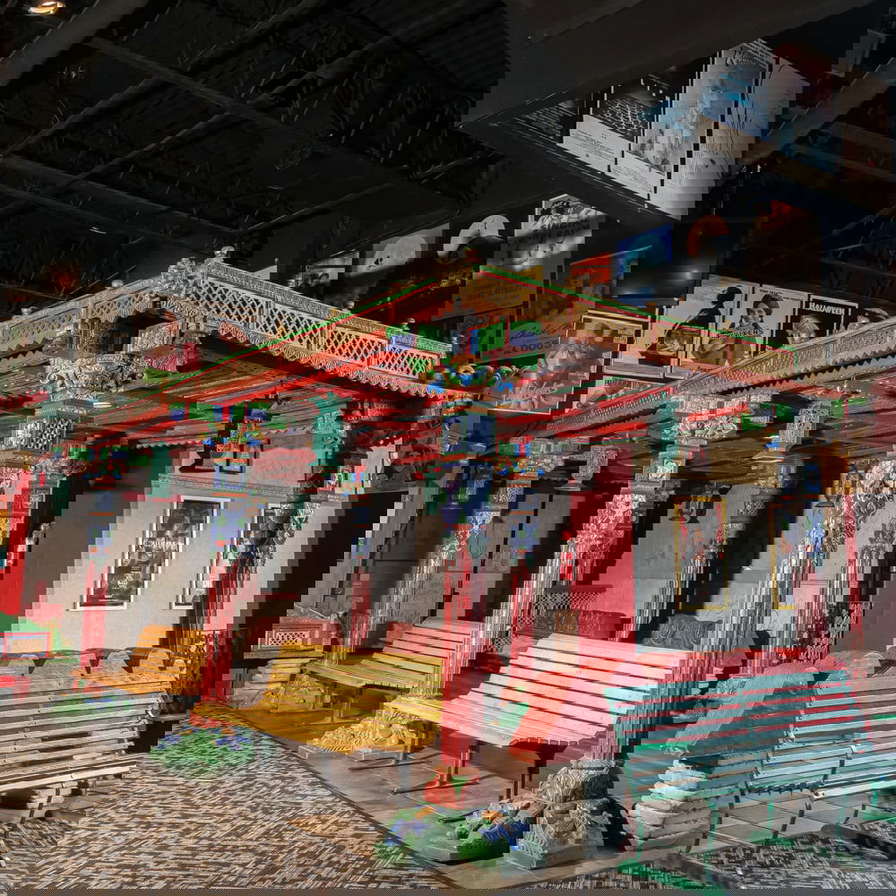 ree-Standing Chinese-style Pavilion Canopy: Truly an impressive and imposing piece. This architectural object is an ornate, free-standing Chinese-style pavilion or pagoda canopy, characterized by its vibrant polychrome finish and intricate hand