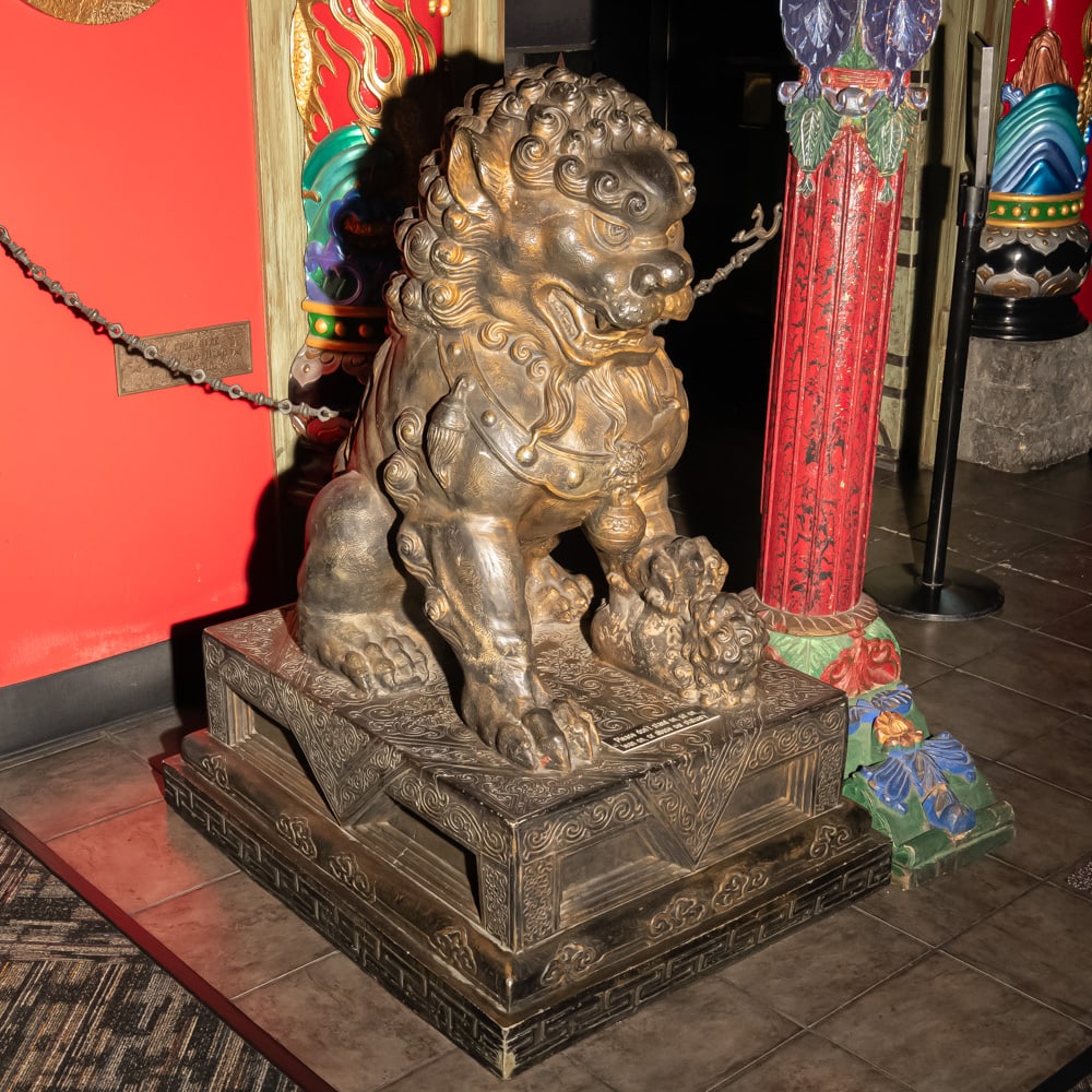 Food Dog Grauman's Chinese Theater-Left: One of two molded fiberglass Foo Dogs at the entrance to the auditoriums off the lobby at Hollywood Blvd. Cinemas. One a pair that came direct from the famed Grauman's Chinese Theater. Measures 33"x 4