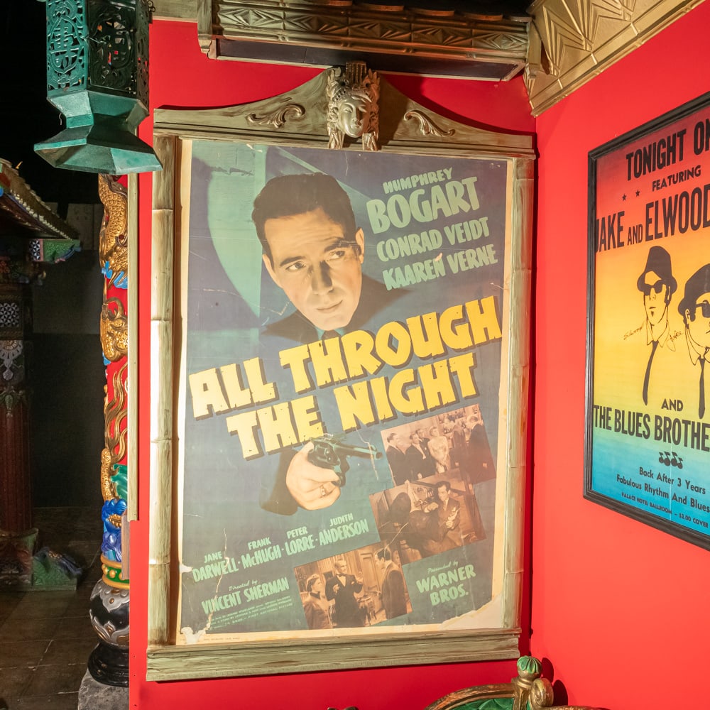 Humphrey Bogart Poster - All Through the Night: Reproduction one sheet poster of All Through The Night starring Humphrey Bogart mounted under plexiglass in a custom oriental style frame that measures 39" wide, 48" tall. Please use photos to judge c
