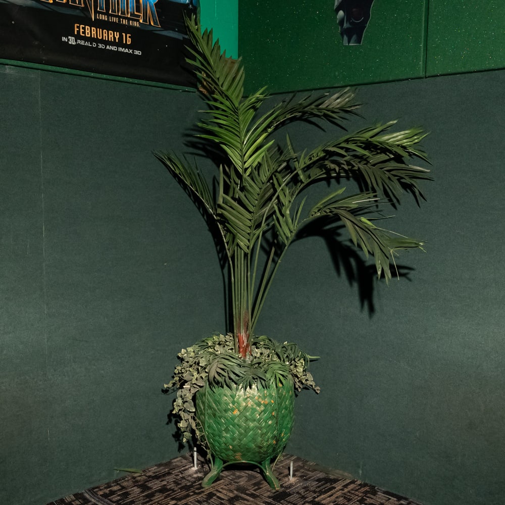 Vintage Faux Palm in Woven Green Planter Theatre 3: This charming mid-century style decorative arrangement features a tall faux palm sprig nestled within a uniquely textured, bulbous woven basket planter. The planter is finished in a vibrant, variegate