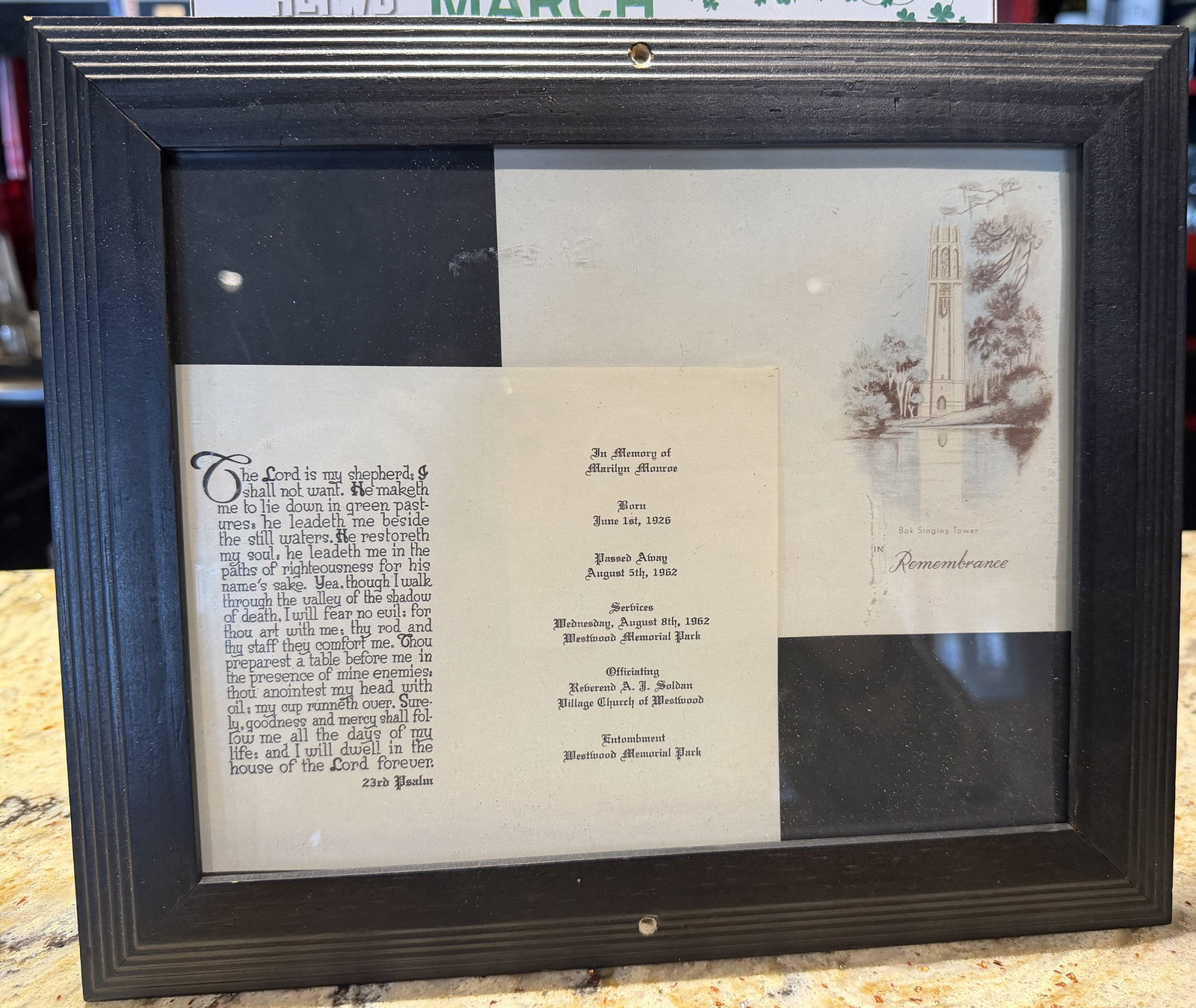 Marilyn Monroe's 1962 Funeral Prayer Card: Marilyn Monroe 1962 Funeral Program & BioThis historic lot features two separate framed displays preserving the final rites of Marilyn Monroe. The first frame contains the original 1962 funeral progra