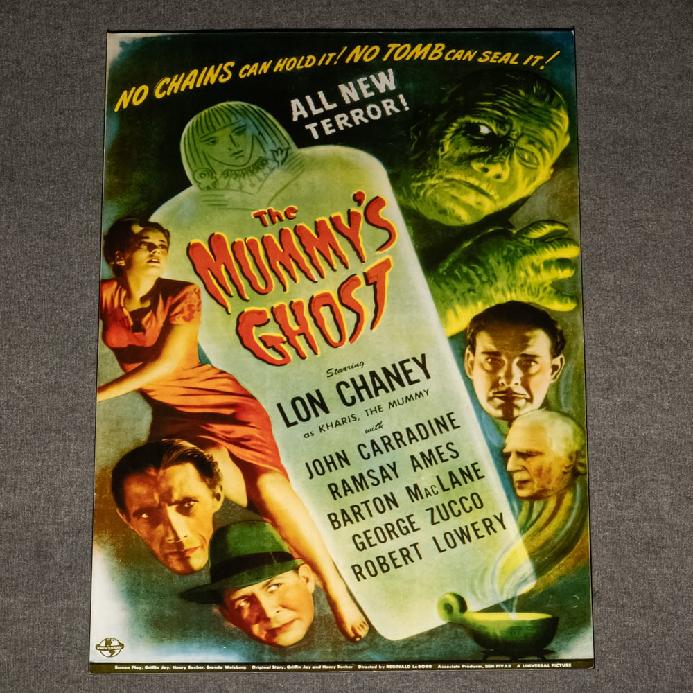 1944 The Mummy's Ghost Contemporary Movie Poster: Contemporary portrayal of the 1944 The Mummy's Ghost movie poster starring Lon Chaney. Presents extremely well and is in very good to good overall condition, approximately 61.5" x 43" with foam core b