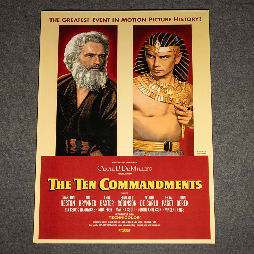 1956 Ten Commandments Contemporary Movie Poster: Contemporary portrayal of an 1956 "The Ten Commandments" movie poster starring Charlton Heston. Presents extremely well and is in very good to good overall condition, approximately 61.5" x 43" with fo