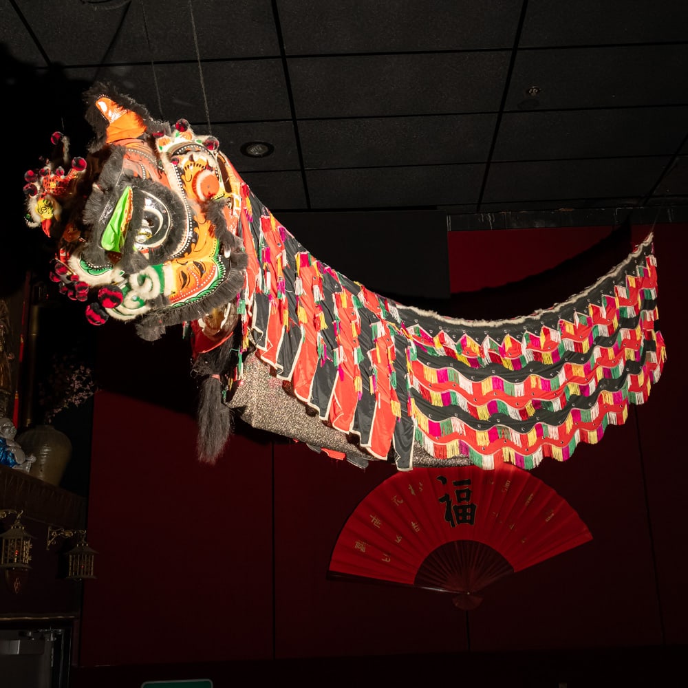 13' Traditional Chinese Parade Dragon-Black: This is a magnificent example of a traditional Chinese processional dragon, likely mid-to-late 20th century, constructed with a lightweight bamboo or wire frame and vibrant textiles. The head features