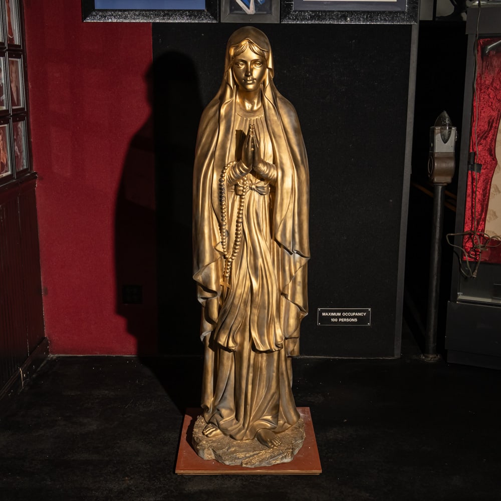 Life Size Virgin Mary Statue: Life size fiberglass statue of the Virgin Mary painted gold in overall good condition. Measures 68" tall x 24" square base. From the Hollywood Blvd. Cinemas collection. Buyer responsible for pickup.