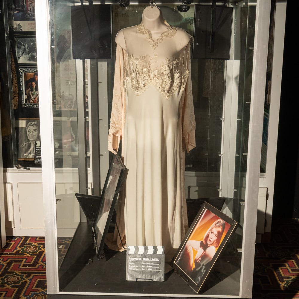 Faye Dunaway Evita Peron Gown: Faye Dunaway screen worn gown, as Evita Peron for the 1981 movie Evita, In good condition, Comes with display torso 11"x17 color photo and 20"x24" color photos of Dunaway and mini clapboard. Does