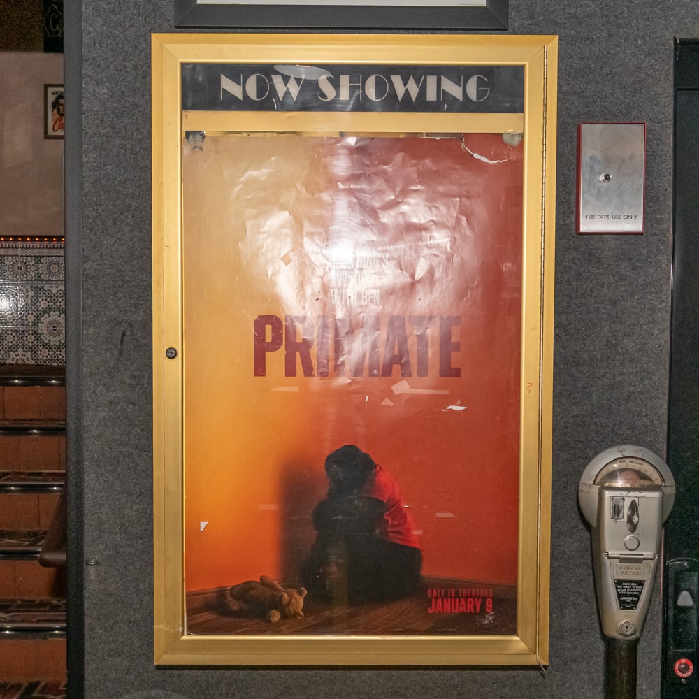 Now Showing Movie Poster Case: Gold framed back lit Now Showing poster case in good condition with lock and key. Measures 32" wide, 57.5" tall, 3.5" deep. Please use photos to judge condition and bid accordingly. Please note: