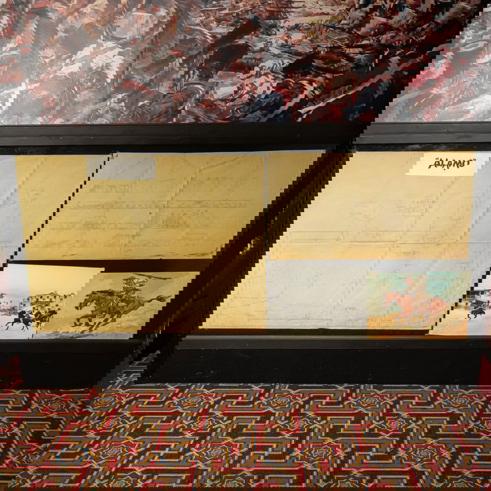 1960 Alamo Movie Building Blueprints: 2 original blueprints in one frame for construction of the mission building from the 1960 movie, The Alamo. Directed by, and starring John Wayne, the movie was nominated for 7 Academy Awards and won