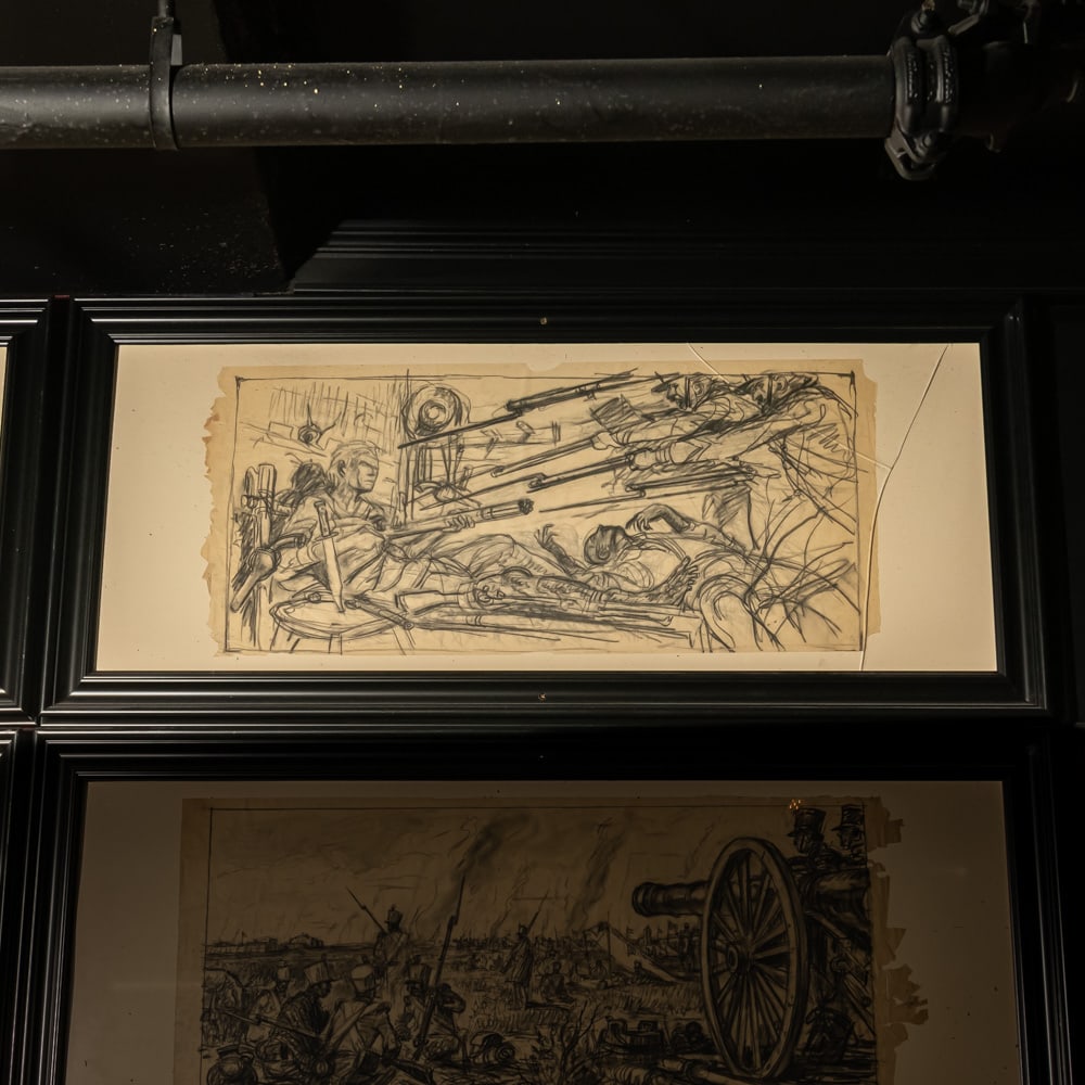 John Jensen Original Alamo Storyboard Sketch 2: Framed original storyboard pencil sketch by John Jensen for the 1960 film, The Alamo. One of 6 original Alamo sketches in this auction, it depicts the death of Jim Bowie. Pencil sketch is on paper