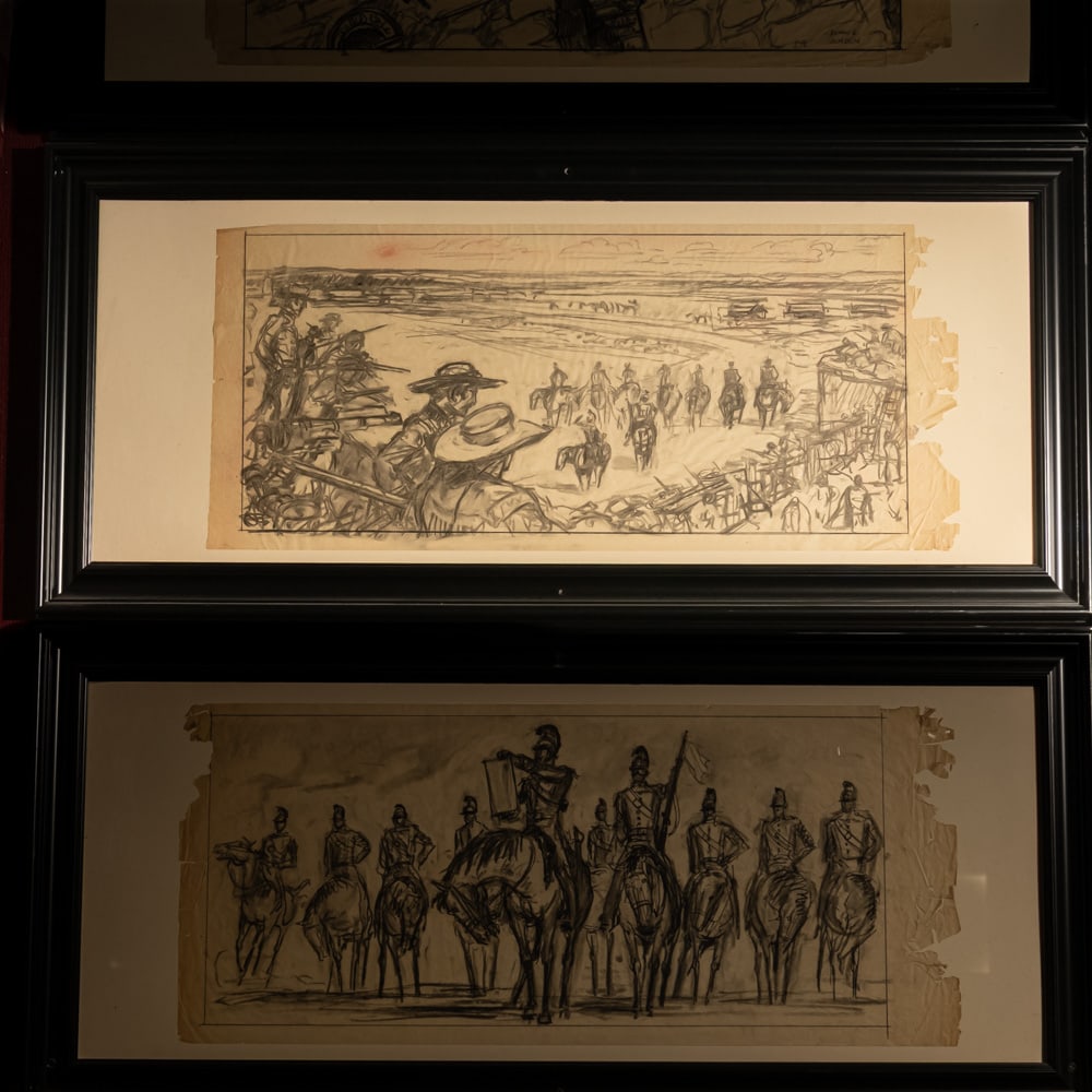 John Jensen Original Alamo Storyboard Sketch 3: Framed original storyboard pencil sketch by John Jensen for the 1960 film, The Alamo. One of 6 original Alamo sketches in this auction, it depicts the Mexican Army delivering the demand of surrender