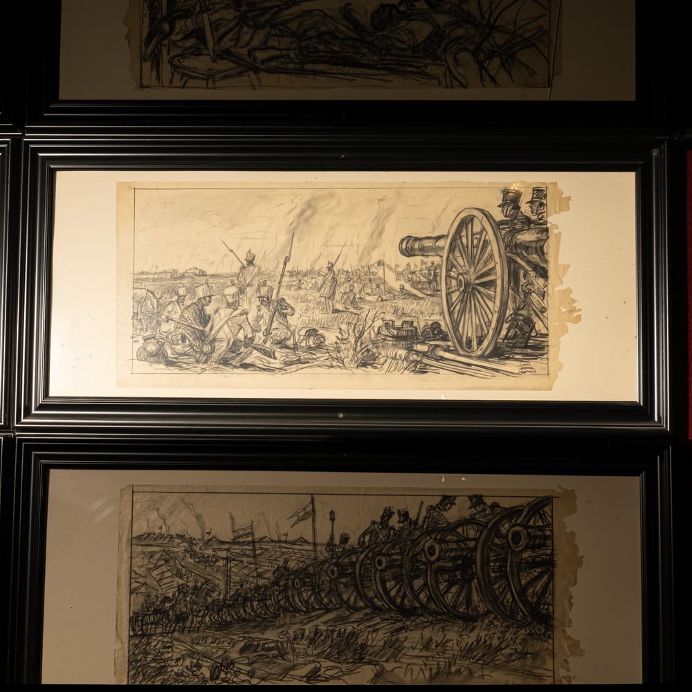 John Jensen Original Alamo Storyboard Sketch 4: Framed original storyboard pencil sketch by John Jensen for the 1960 film, The Alamo. One of 6 original Alamo sketches in this auction, it depicts the Mexican Army camp with the Alamo in the