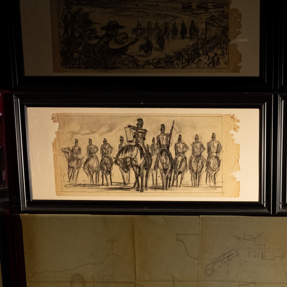 John Jensen Original Alamo Storyboard Sketch 5: Framed original storyboard pencil sketch by John Jensen for the 1960 film, The Alamo. One of 6 original Alamo sketches in this auction, it depicts Santa Anna on horseback reading a proclamation. 
