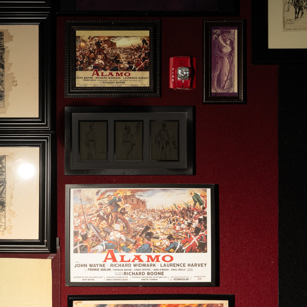 3 framed Alamo Artwork: Original lobby card, framed and two concept prints, framed for the movie. Measurements: 31" x 20" ; 16"x13; " 7" x 14". Please use photos to judge condition and bid accordingly. Please note: Buyer