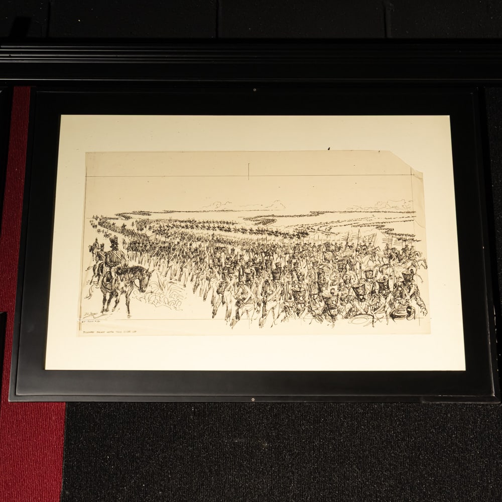 Large Pen & Ink Drawing For The Alamo Movie: Large pen & ink B&W drawing on cell depicting the vast Mexican Army on the march for the 1960 movie, The Alamo. Signed lower left J L Jensen. Artist notes in lower left, "Todd AO", meaning it was a