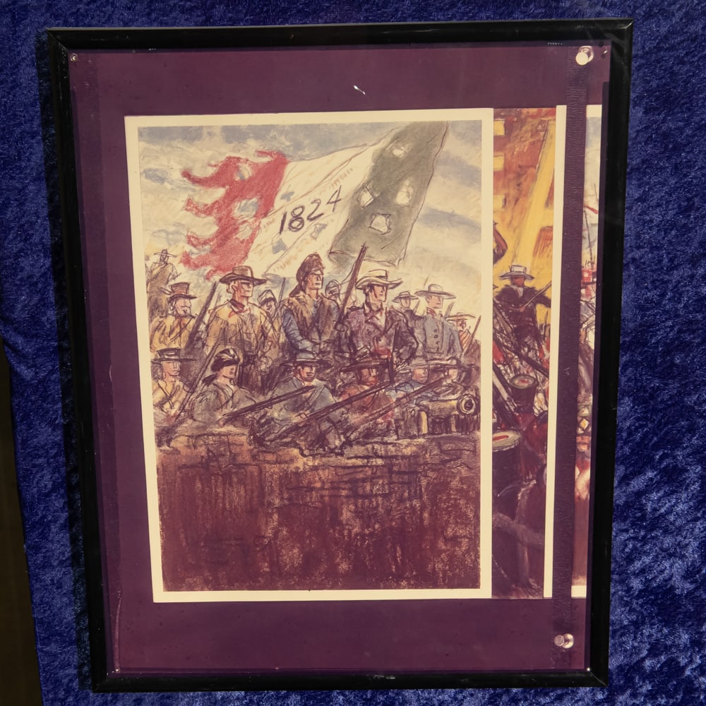 Alamo "1824" Flag Framed Art Print: This evocative piece captures the spirit of the Texas Revolution, centered on the iconic "1824" Mexican Federal Republic flag flown during the Siege of the Alamo. Rendered in a loose, illustrative