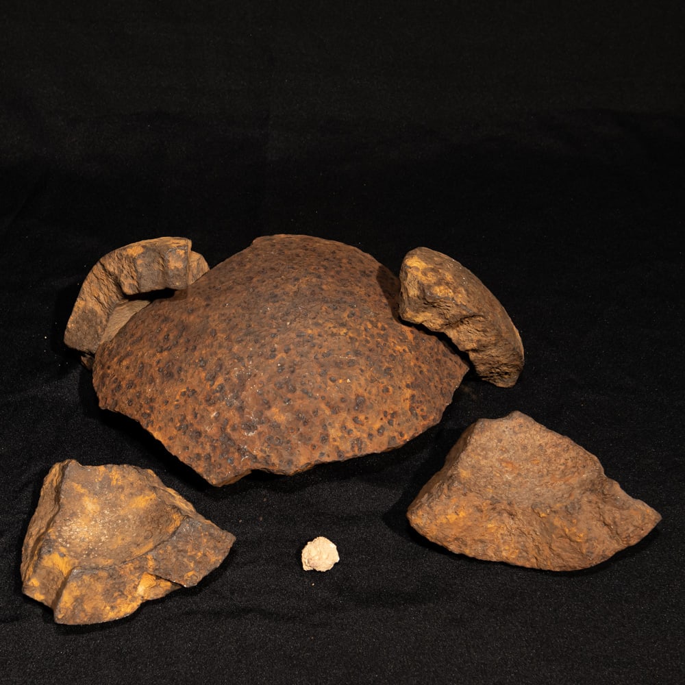 Cannon Ball Fragments (6): These heavy, thick-walled cast iron specimens are consistent with fragments from exploded Civil War-era hollow-core cannonballs, such as 24-pounder or 32-pounder spherical shells. The deep rust-orange